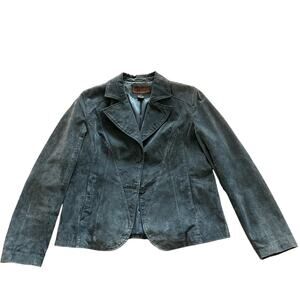Siena | Size 14 Vintage Suede Blue Leather Collared Jacket Button Up Long Sleeve